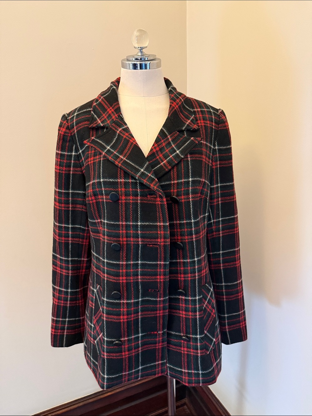 CAbi Black & Red Plaid Double-Breasted Peacoat